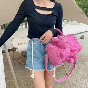 Pink Bunny Rabbit 3D Denim Trendy Crossbody Womens Handbag Purse